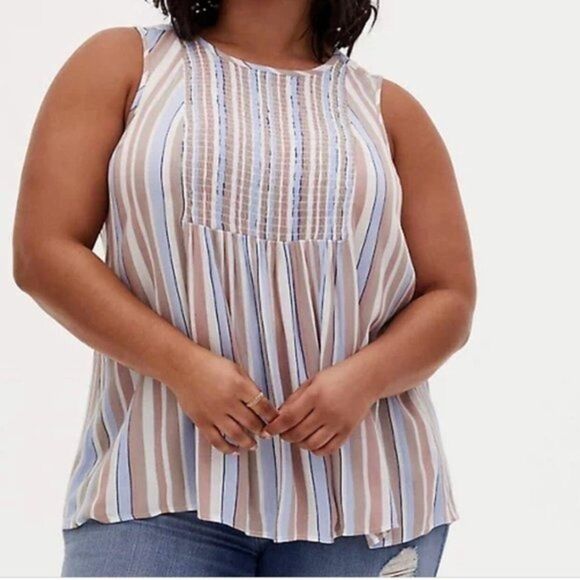 torrid Tops - Torrid Blue Multi Stripe Gauze Crinkle Smocked Tank Top